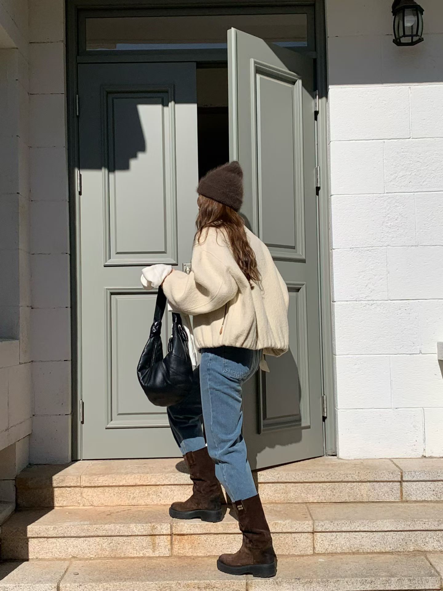 A79.氣質休閒感羊駝毛剪接外套