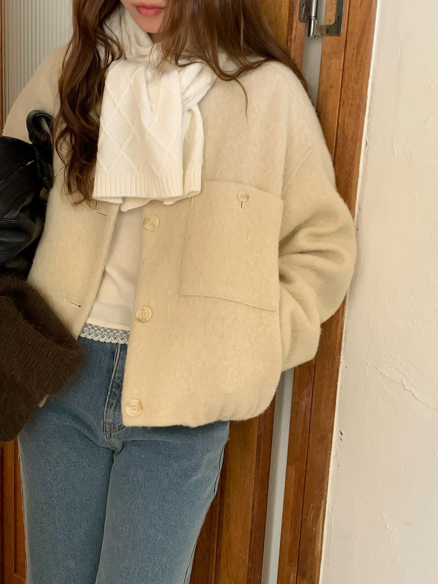 A79.氣質休閒感羊駝毛剪接外套