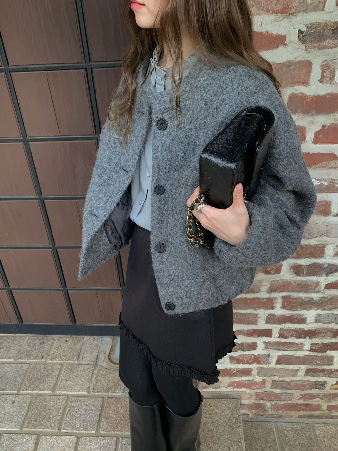 A79.氣質休閒感羊駝毛剪接外套