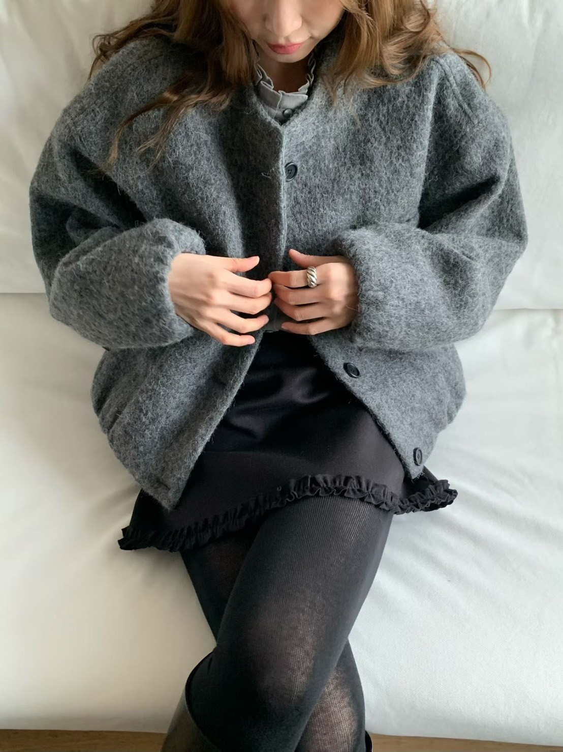 A79.氣質休閒感羊駝毛剪接外套