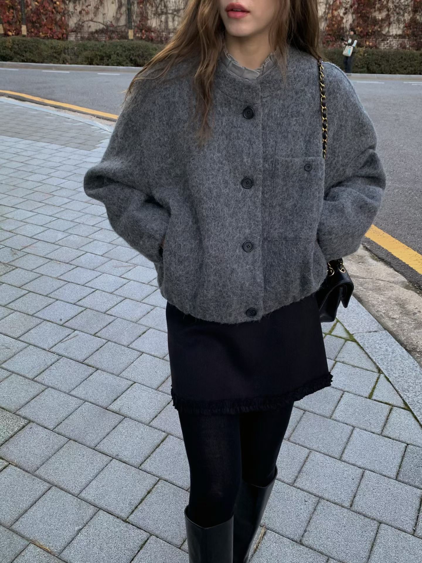 A79.氣質休閒感羊駝毛剪接外套