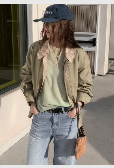 A64.格紋內裡可立領拉鍊夾克