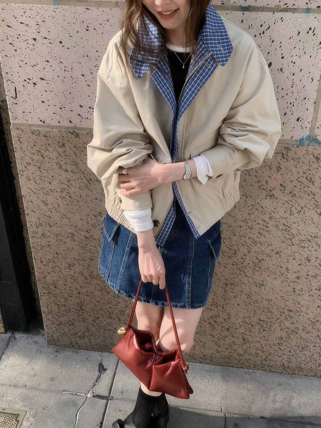 A64.格紋內裡可立領拉鍊夾克