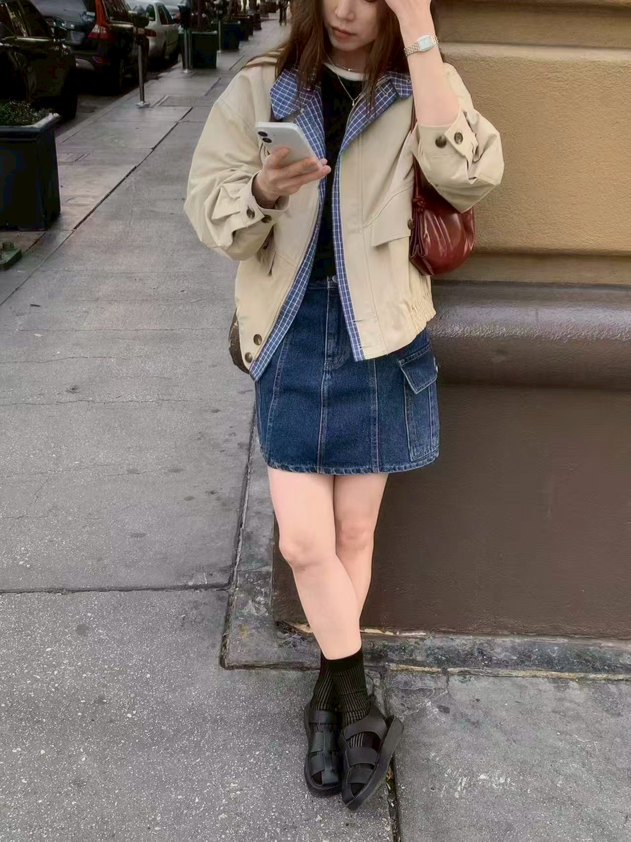 A64.格紋內裡可立領拉鍊夾克