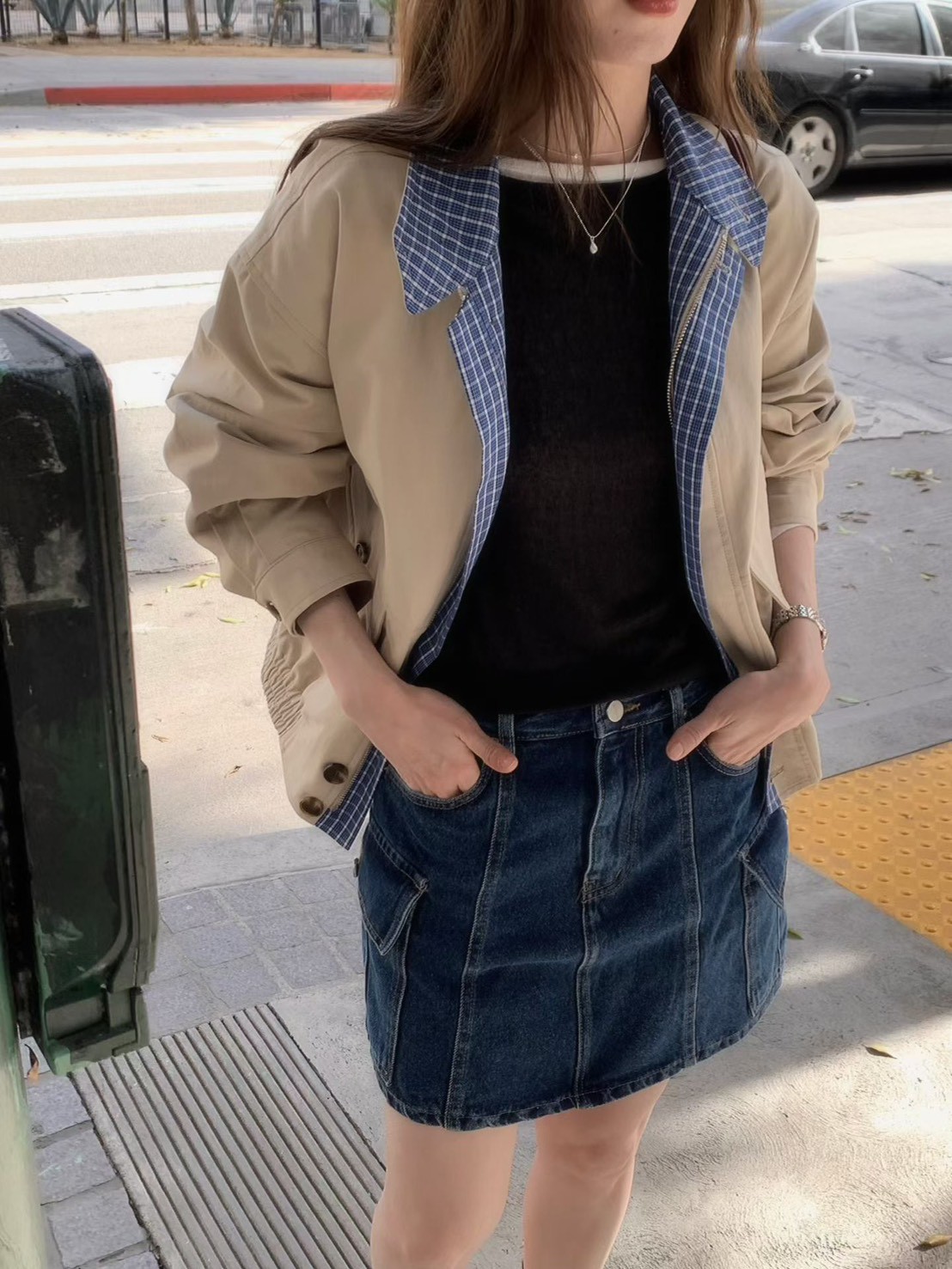 A64.格紋內裡可立領拉鍊夾克