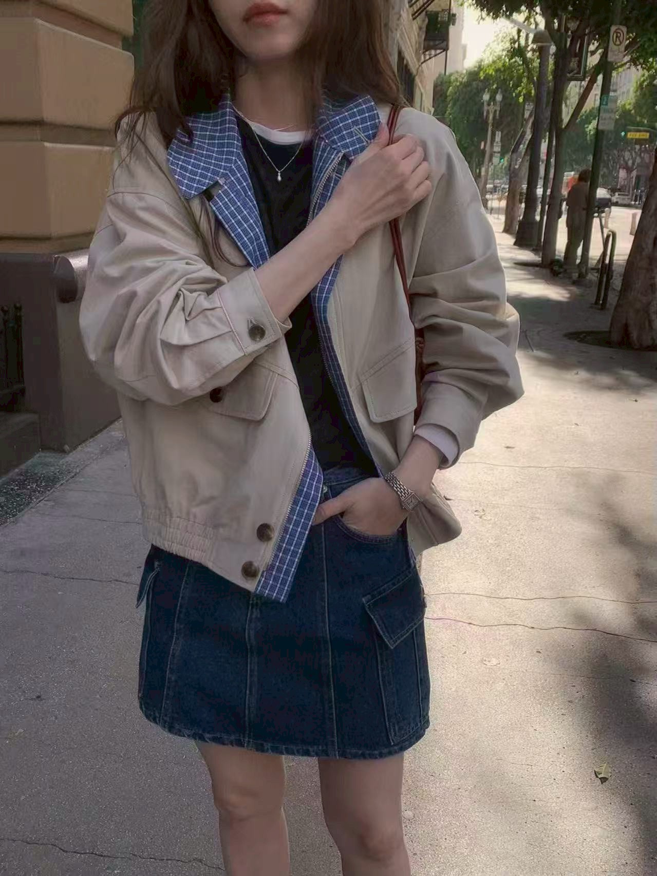 A64.格紋內裡可立領拉鍊夾克