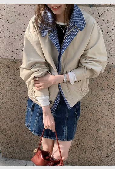A64.格紋內裡可立領拉鍊夾克