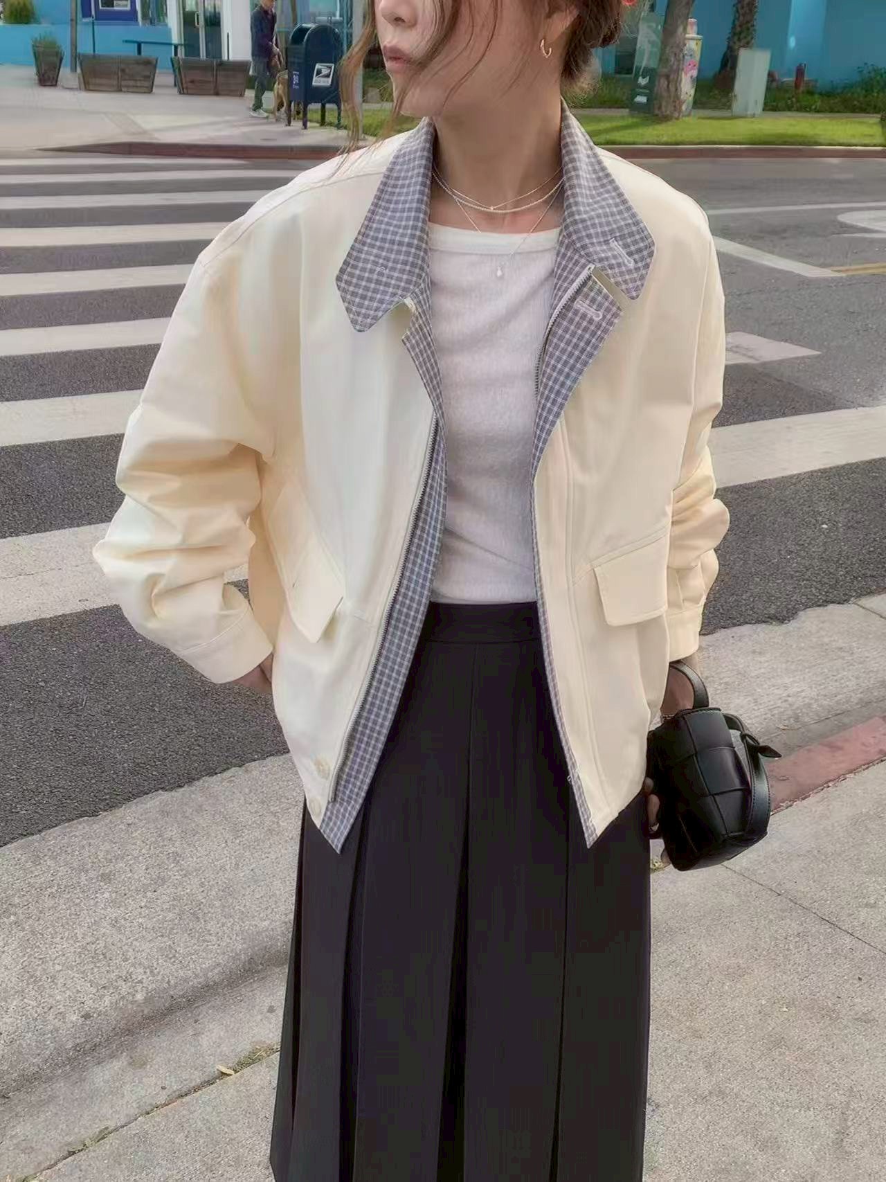 A64.格紋內裡可立領拉鍊夾克