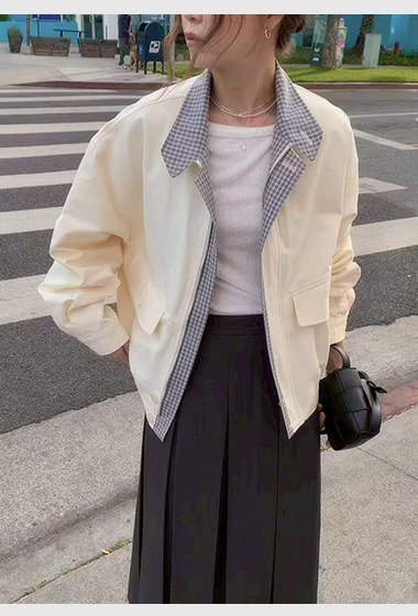 A64.格紋內裡可立領拉鍊夾克