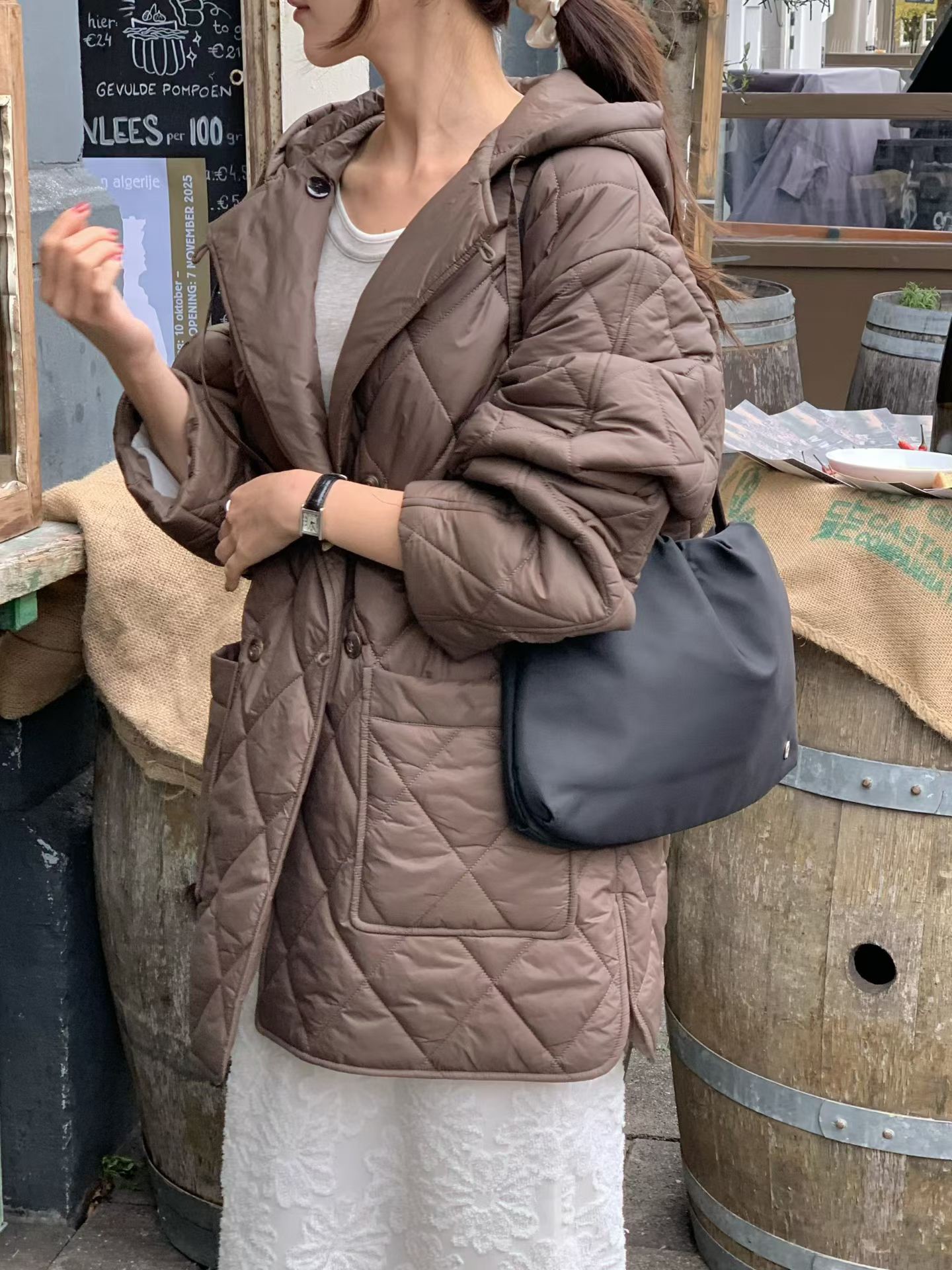 B14.小V家格紋中長連帽外套