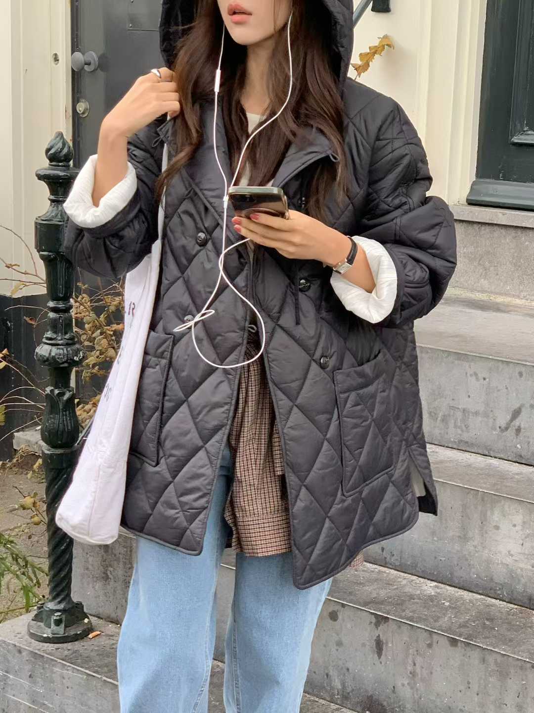 B14.小V家格紋中長連帽外套