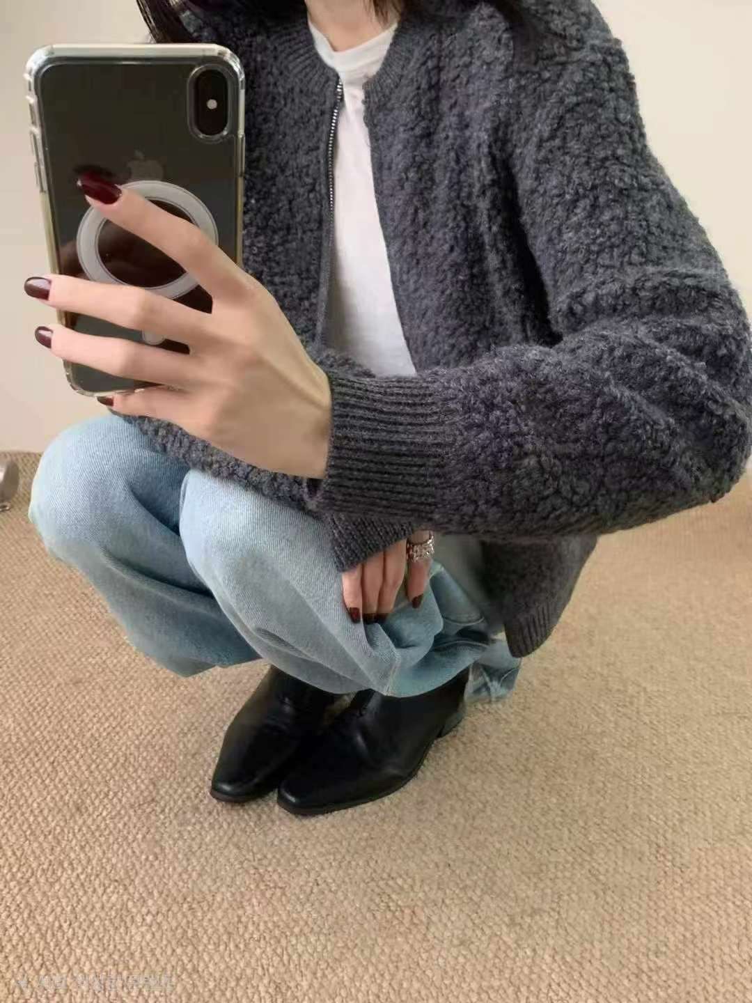 B83.可可家羅紋領拉鍊QQ毛外套