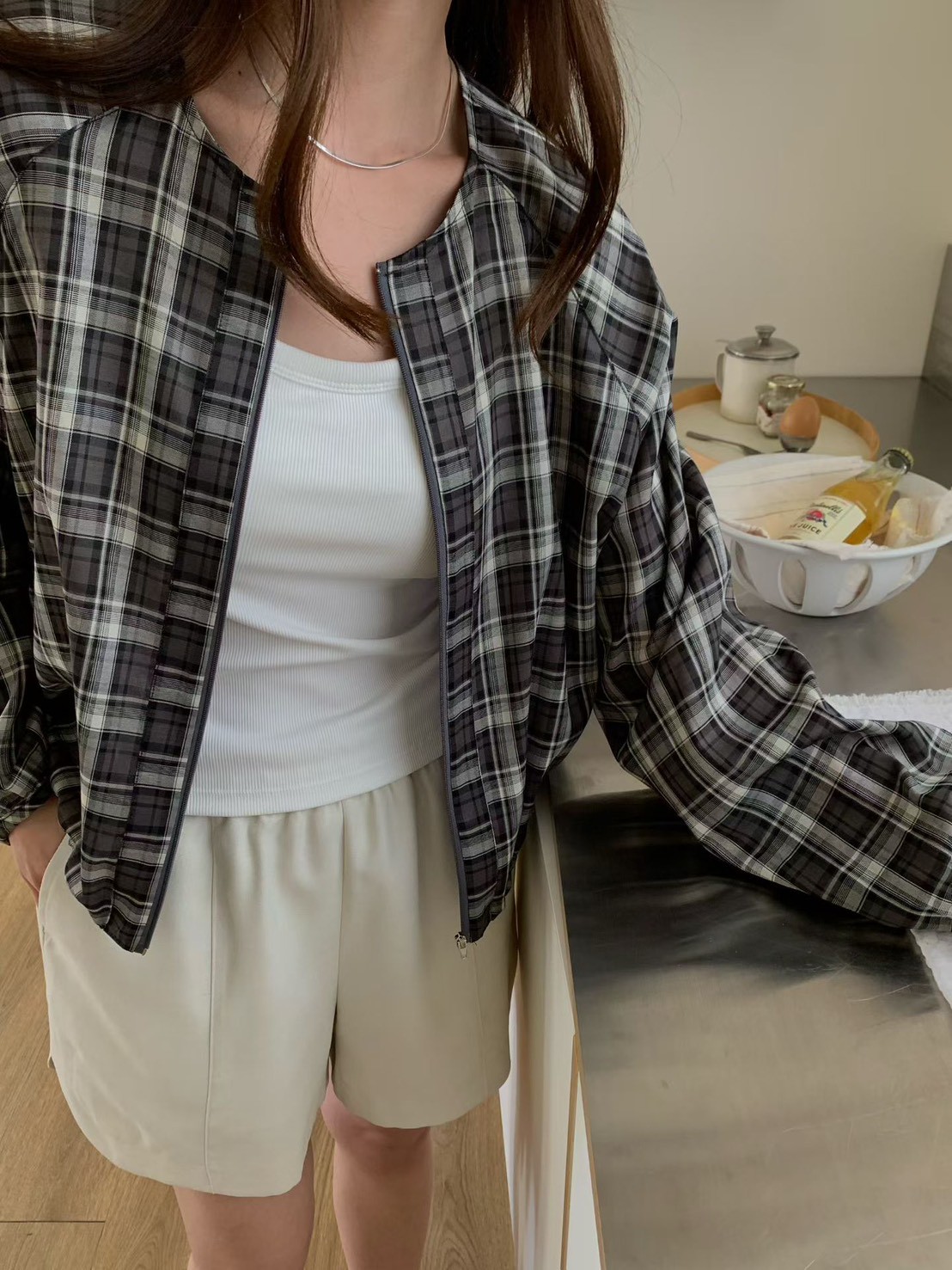QQ歐膩格紋拉鍊小外套