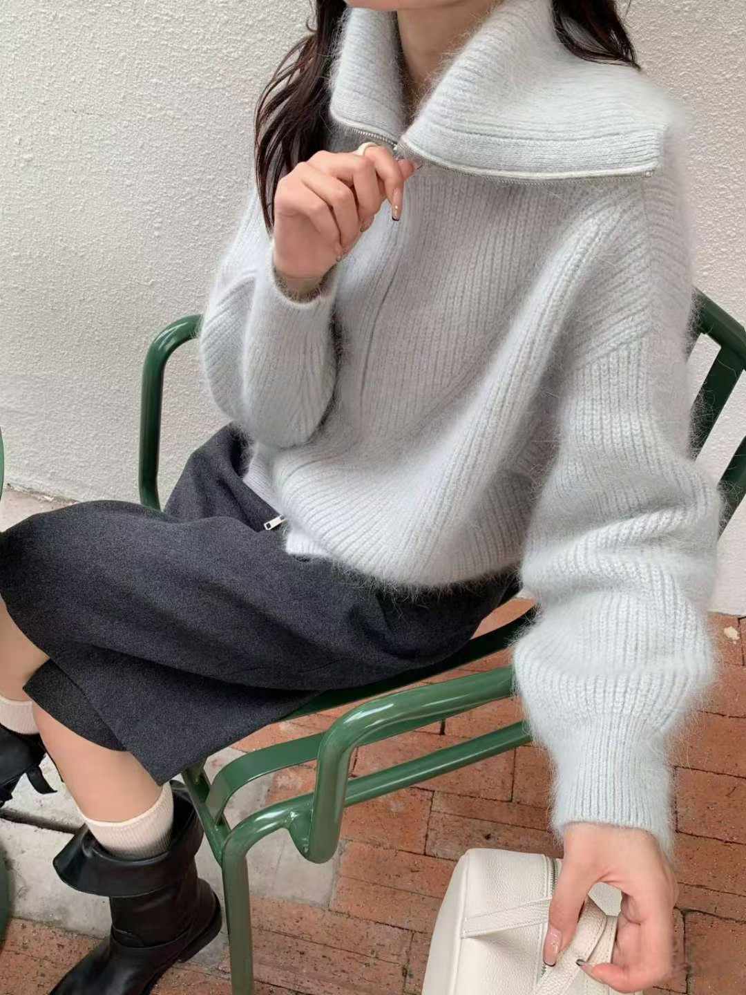 B85.可可家坑條大翻領羊毛外套