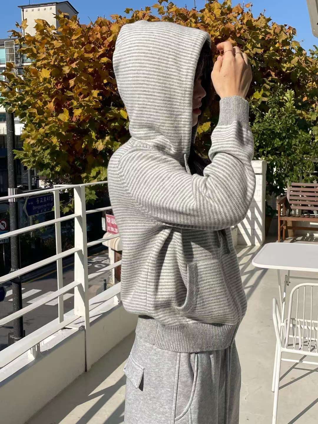 A91.星星家100%Wool細條紋連帽休閒外套