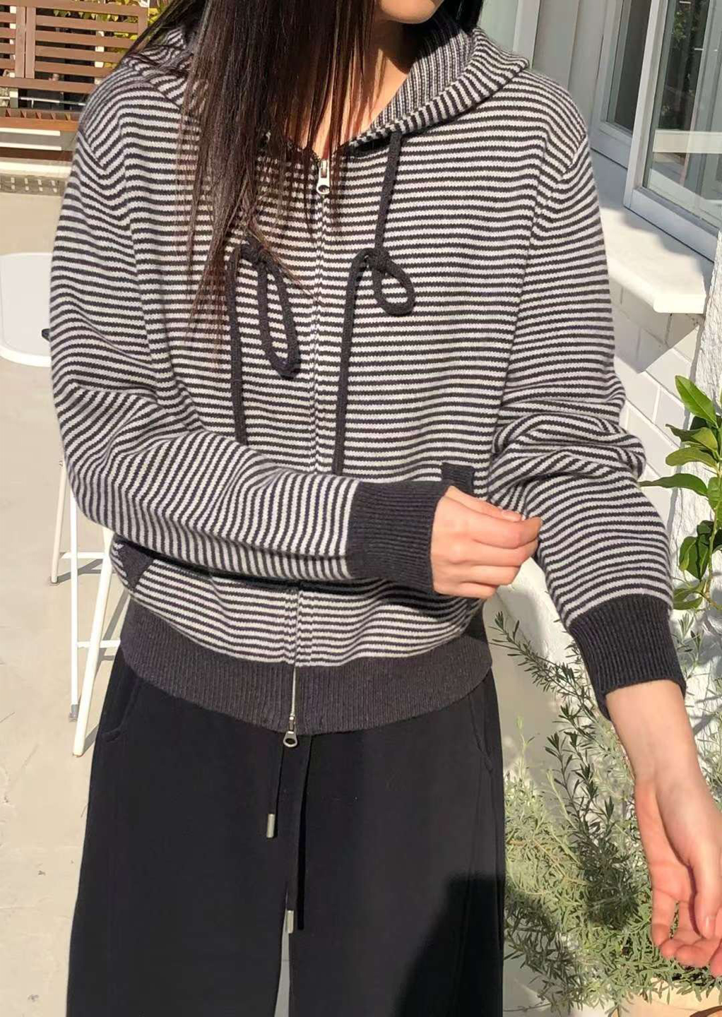 A91.星星家100%Wool細條紋連帽休閒外套