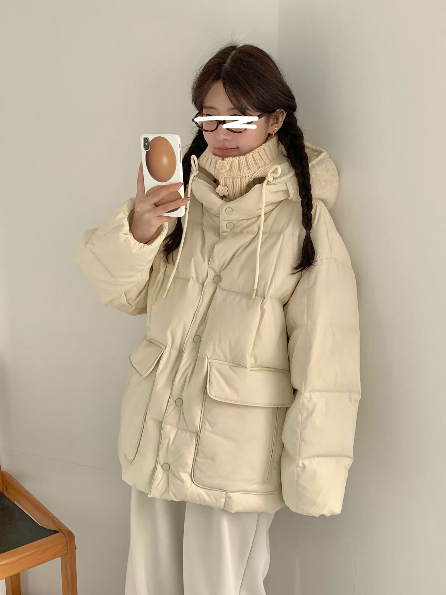 B08.連帽拼接毛毛玩雪鵝絨外套