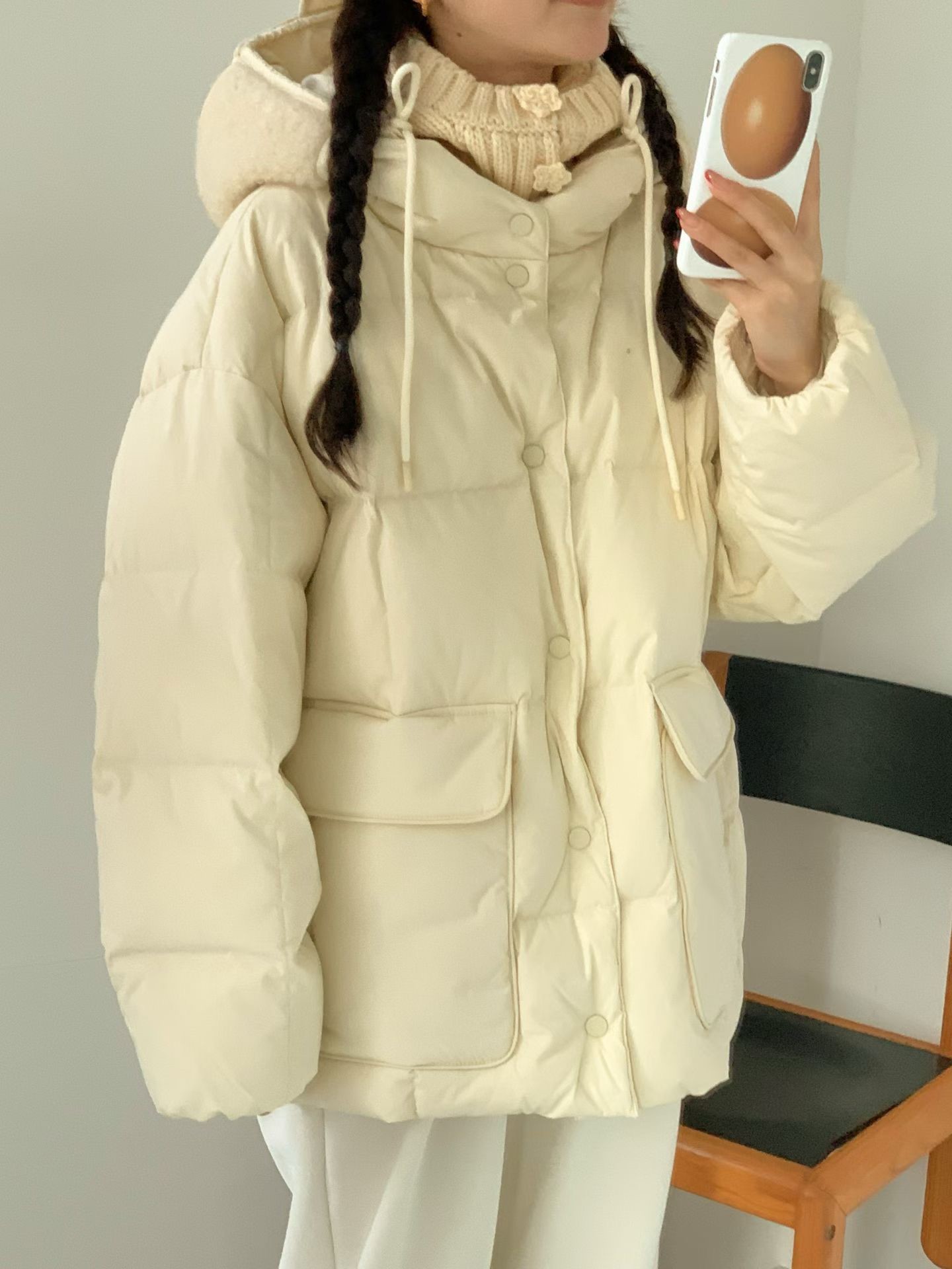 B08.連帽拼接毛毛玩雪鵝絨外套