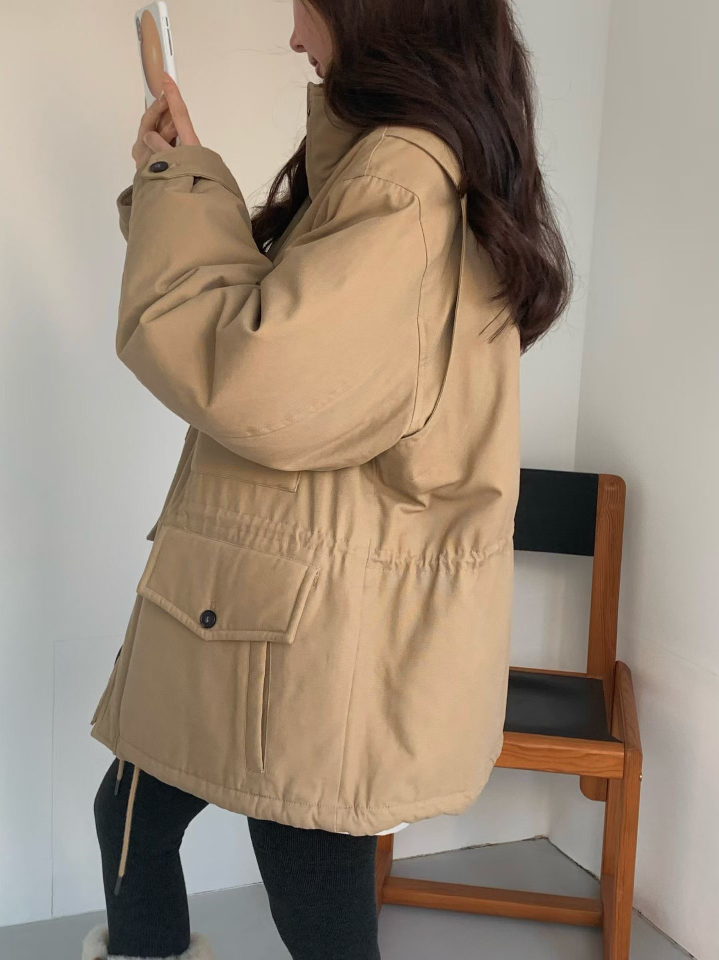 B18.女孩大口袋工裝立領鵝絨外套