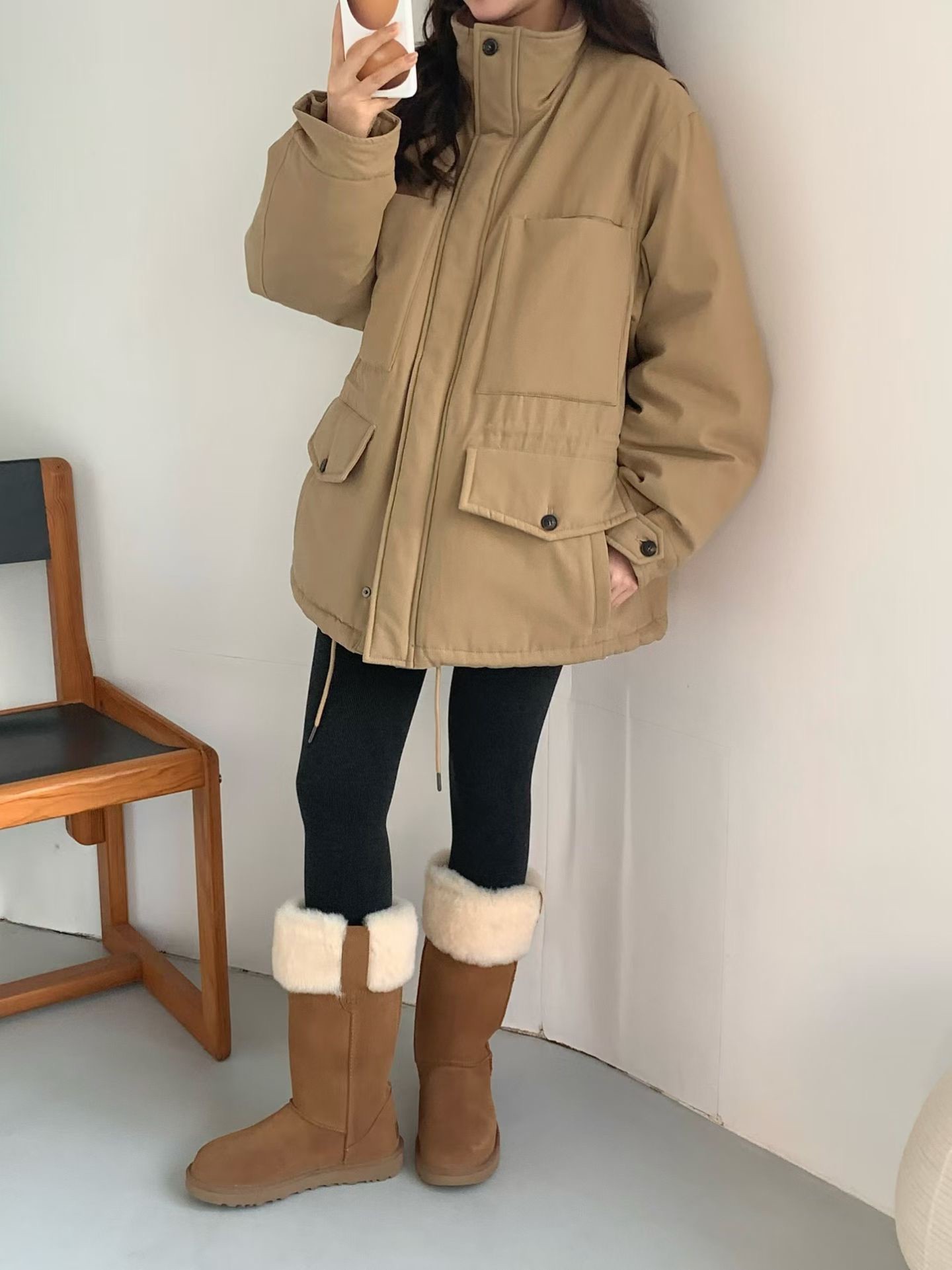 B18.女孩大口袋工裝立領鵝絨外套