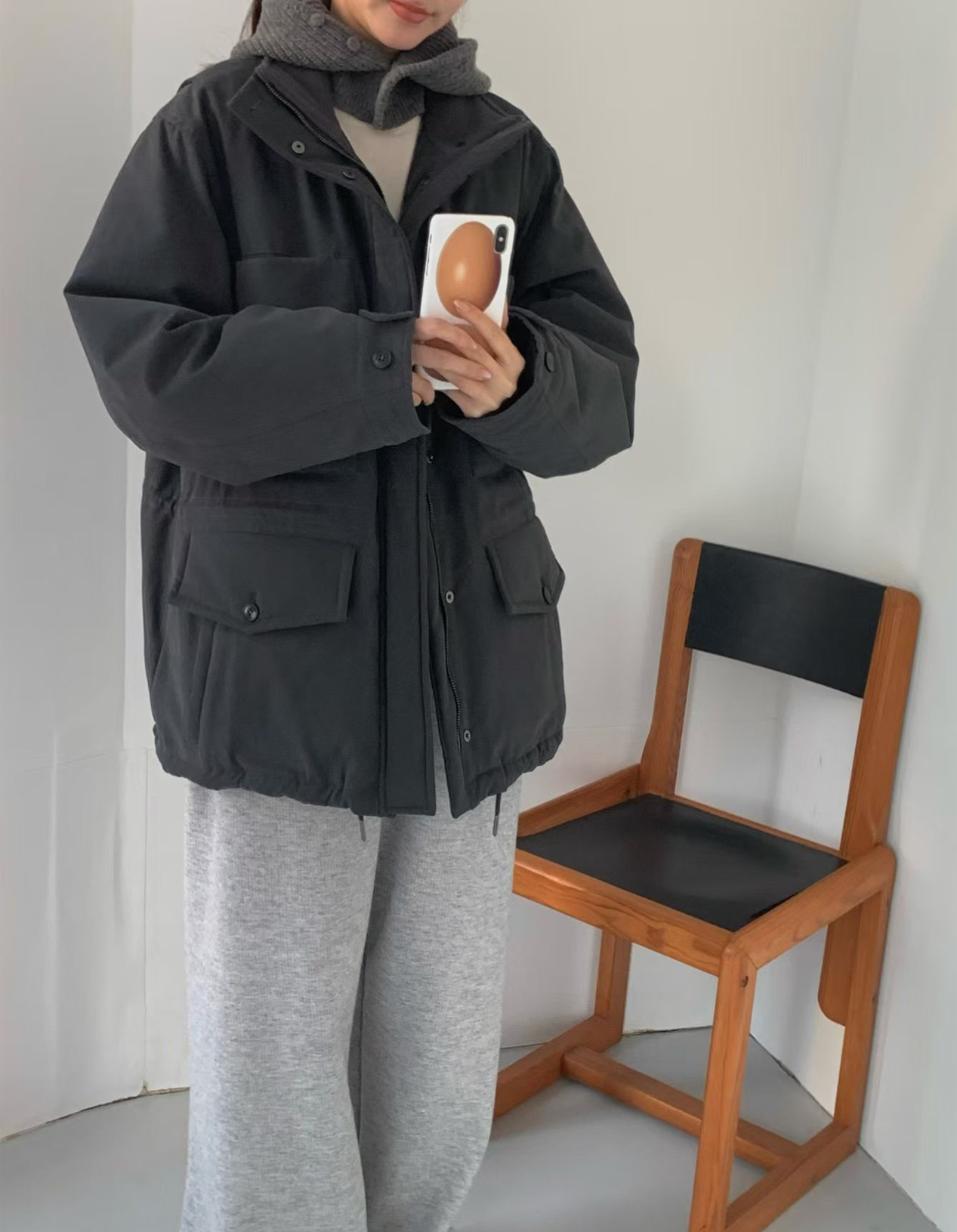 B18.女孩大口袋工裝立領鵝絨外套