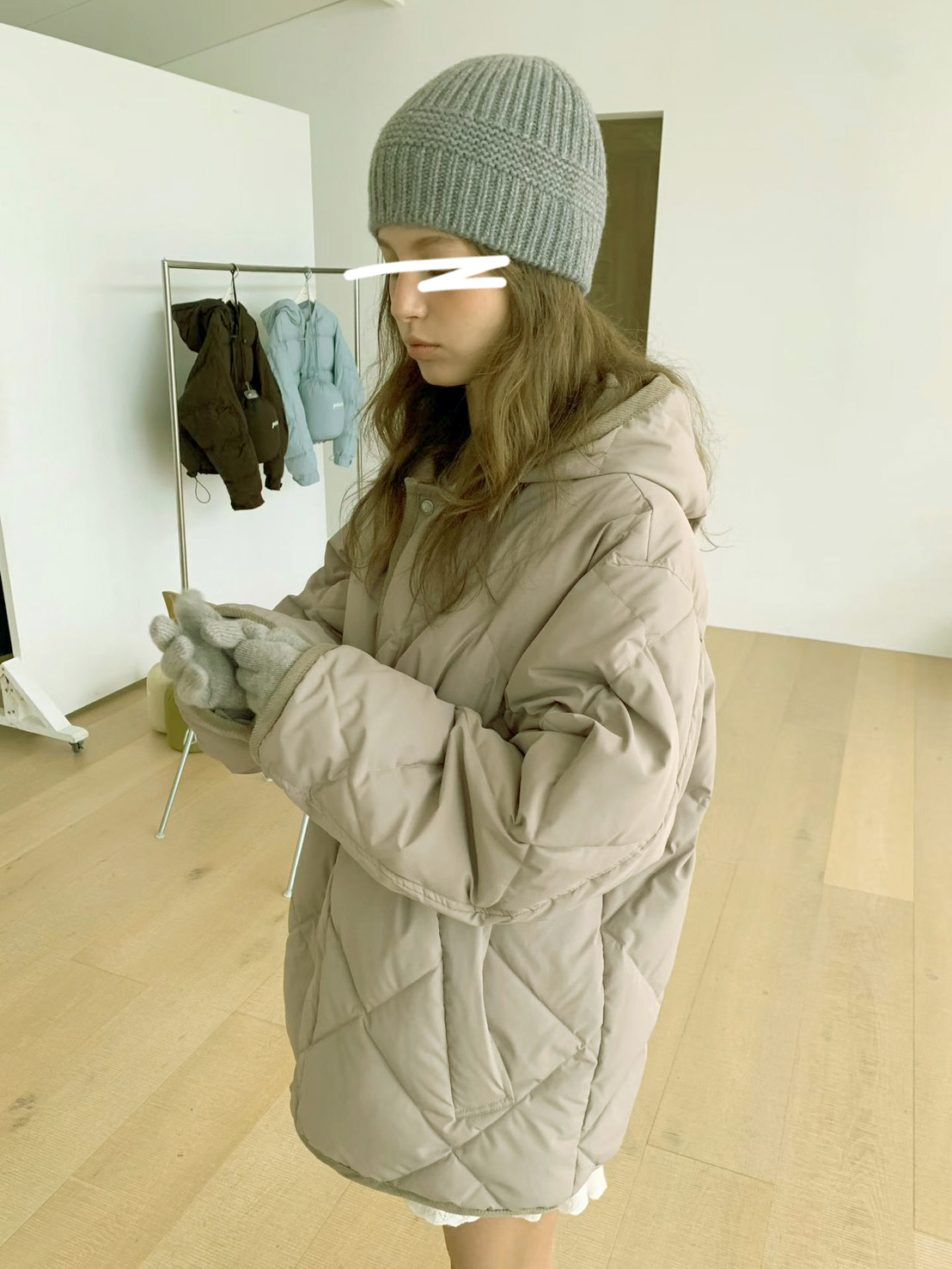 A121.冬季菱格紋連帽鴨絨外套