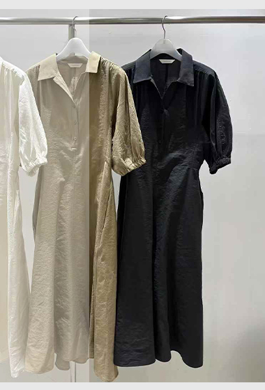 A79.質感家翻領蓬袖傘襬洋裝