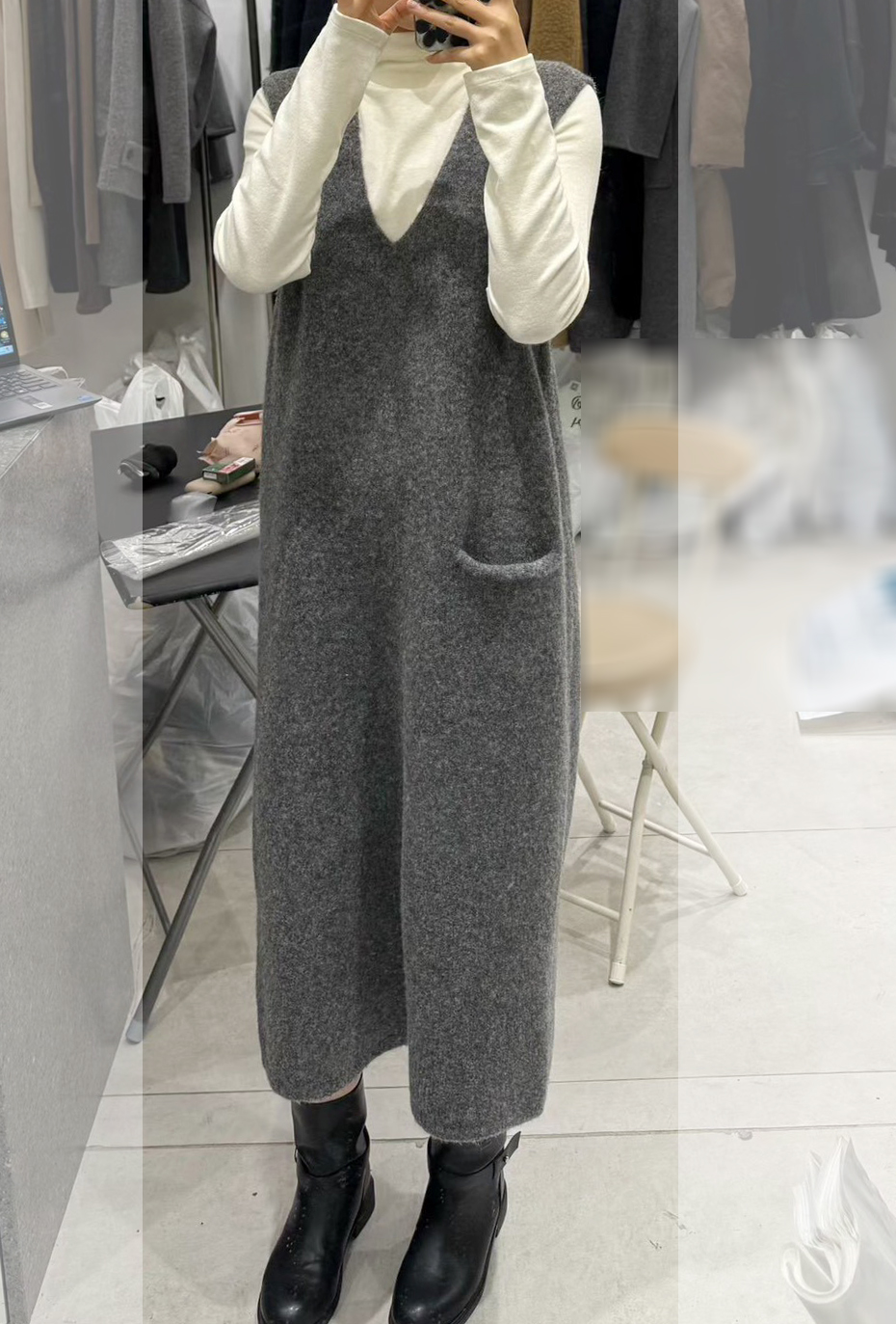 B97.質感家V領單口袋背心針織長洋裝
