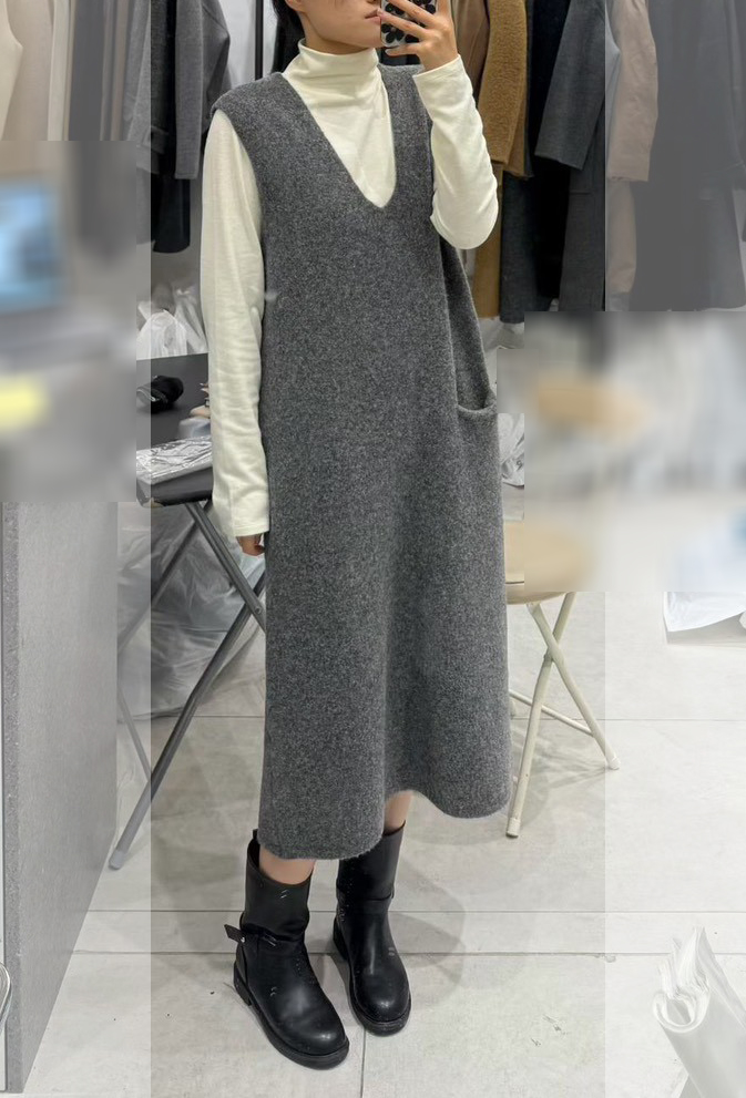 B97.質感家V領單口袋背心針織長洋裝