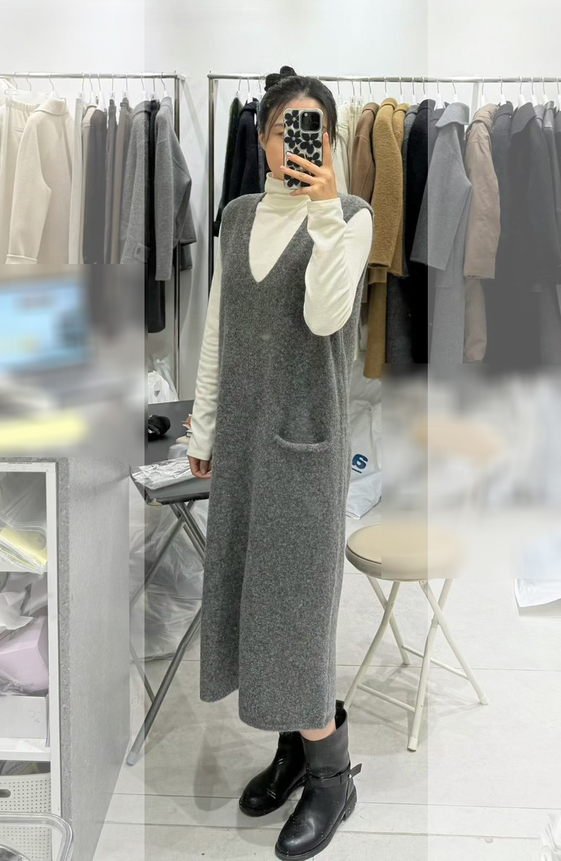 B97.質感家V領單口袋背心針織長洋裝