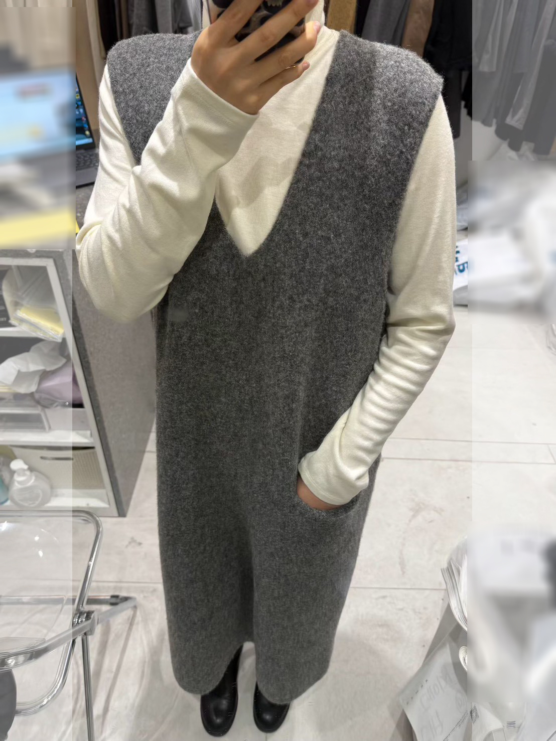 B97.質感家V領單口袋背心針織長洋裝