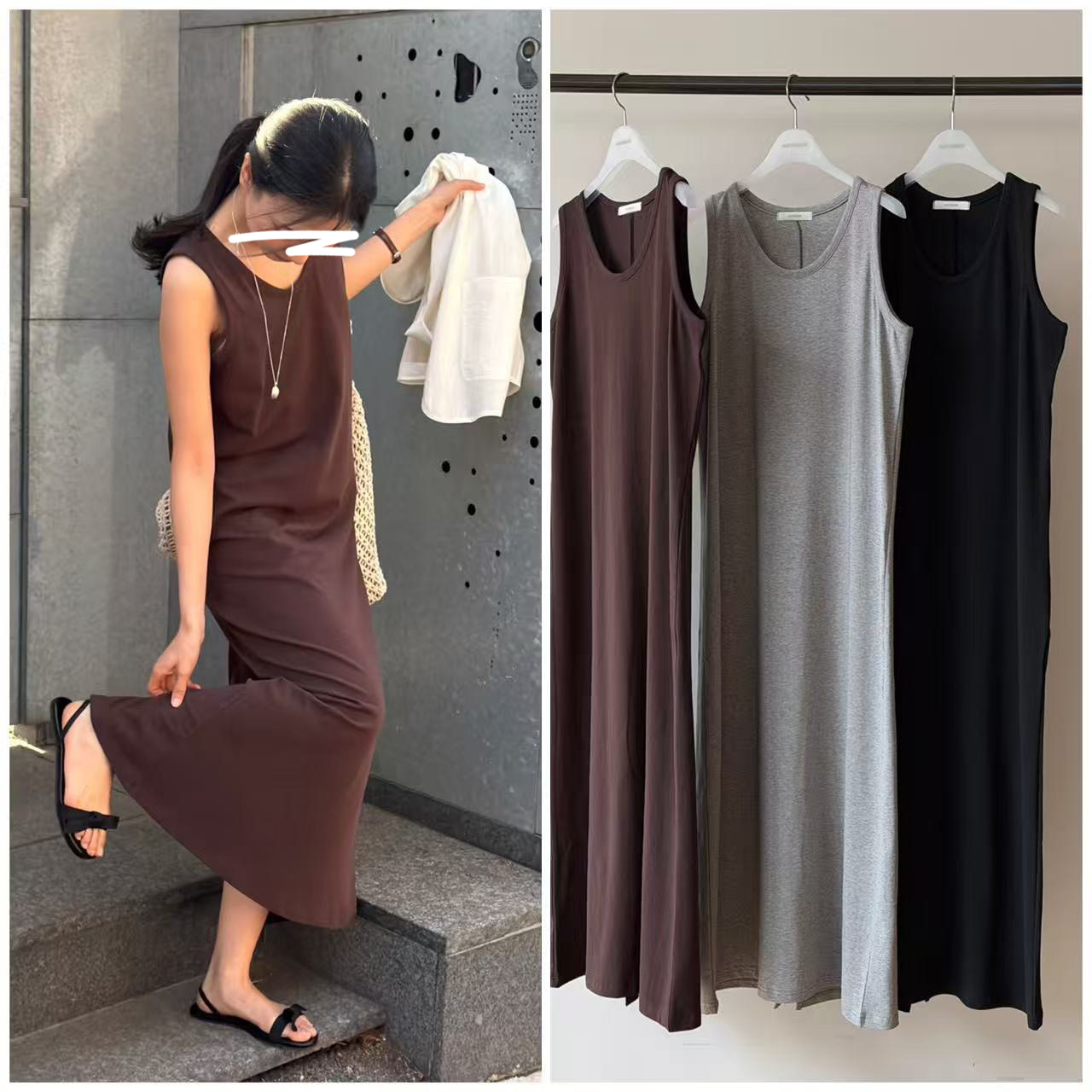 B67.瘦瘦歐膩素雅無袖長洋裝