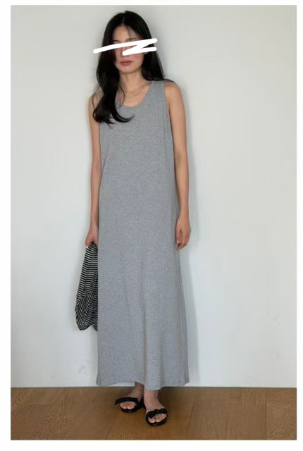 B67.瘦瘦歐膩素雅無袖長洋裝