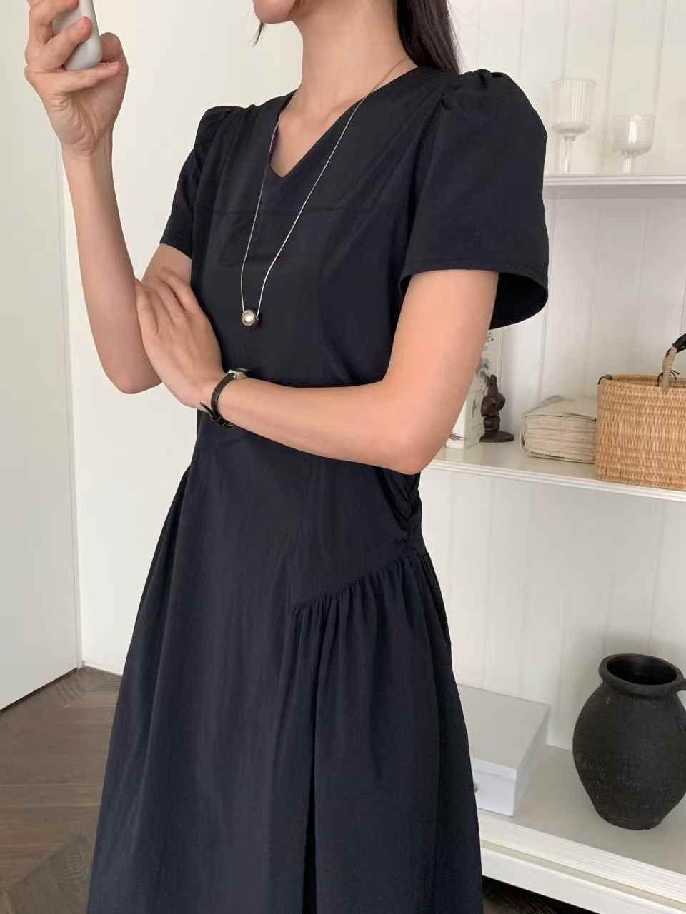 A78.韓國不對稱側抽腰設計洋裝
