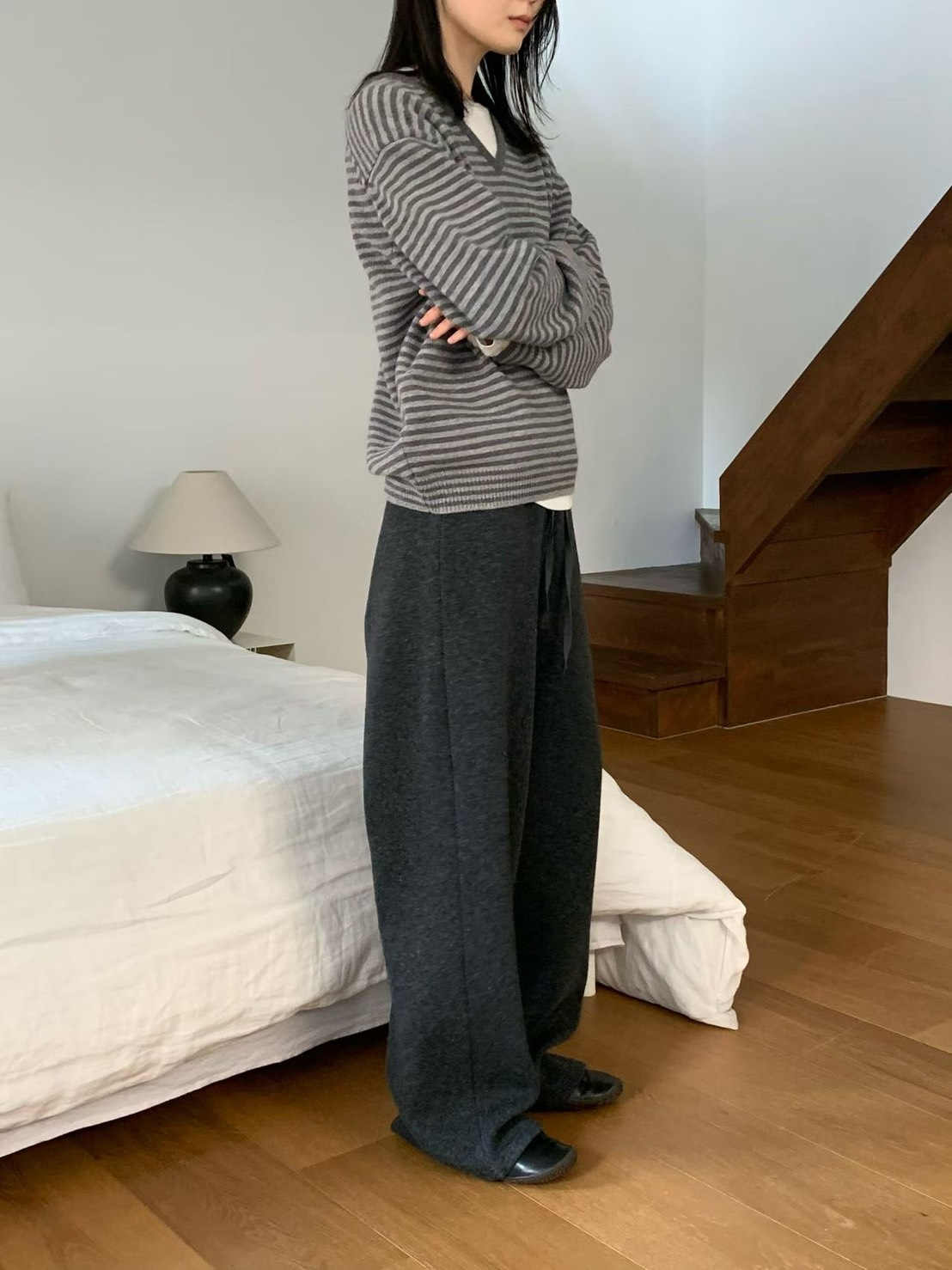 C16.纖瘦家舒適腰綁帶羊毛長褲