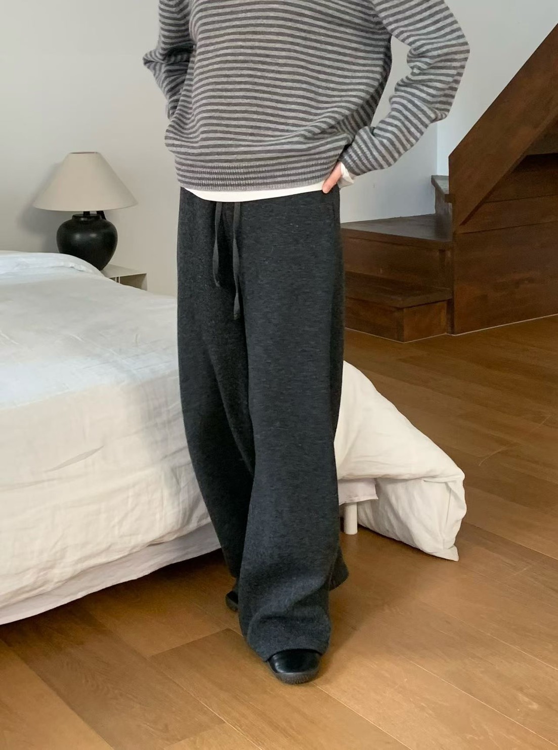 C16.纖瘦家舒適腰綁帶羊毛長褲