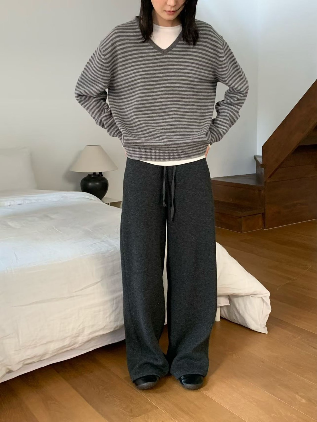 C16.纖瘦家舒適腰綁帶羊毛長褲