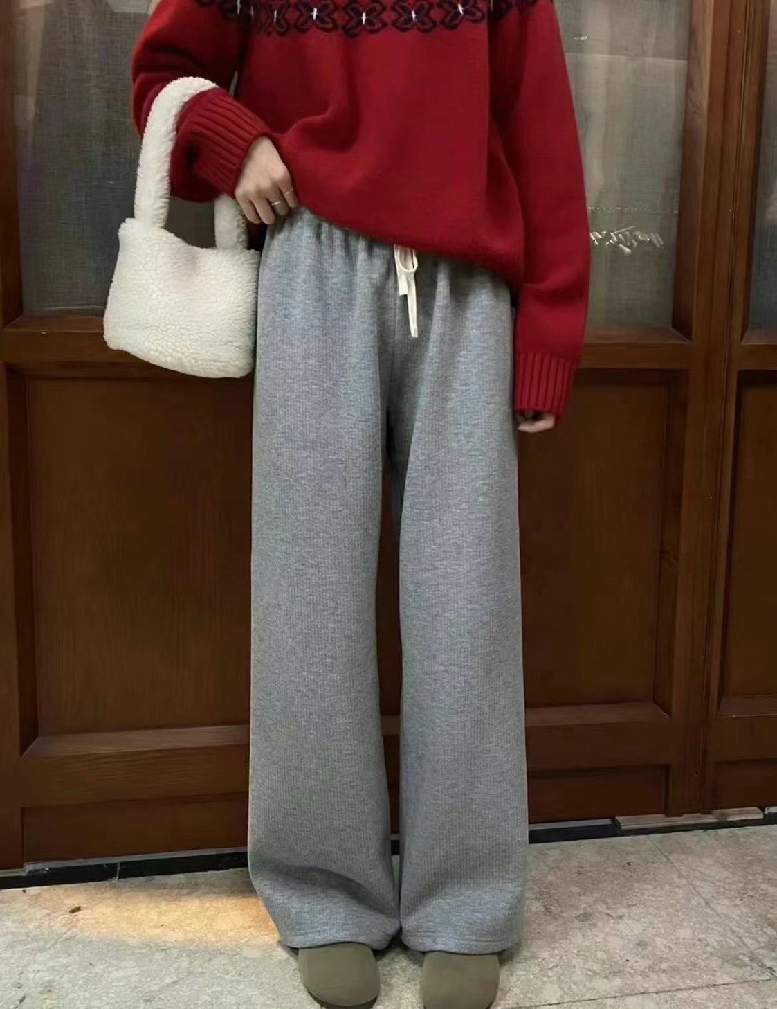 A17.絨面坑條內刷毛保暖休閒褲