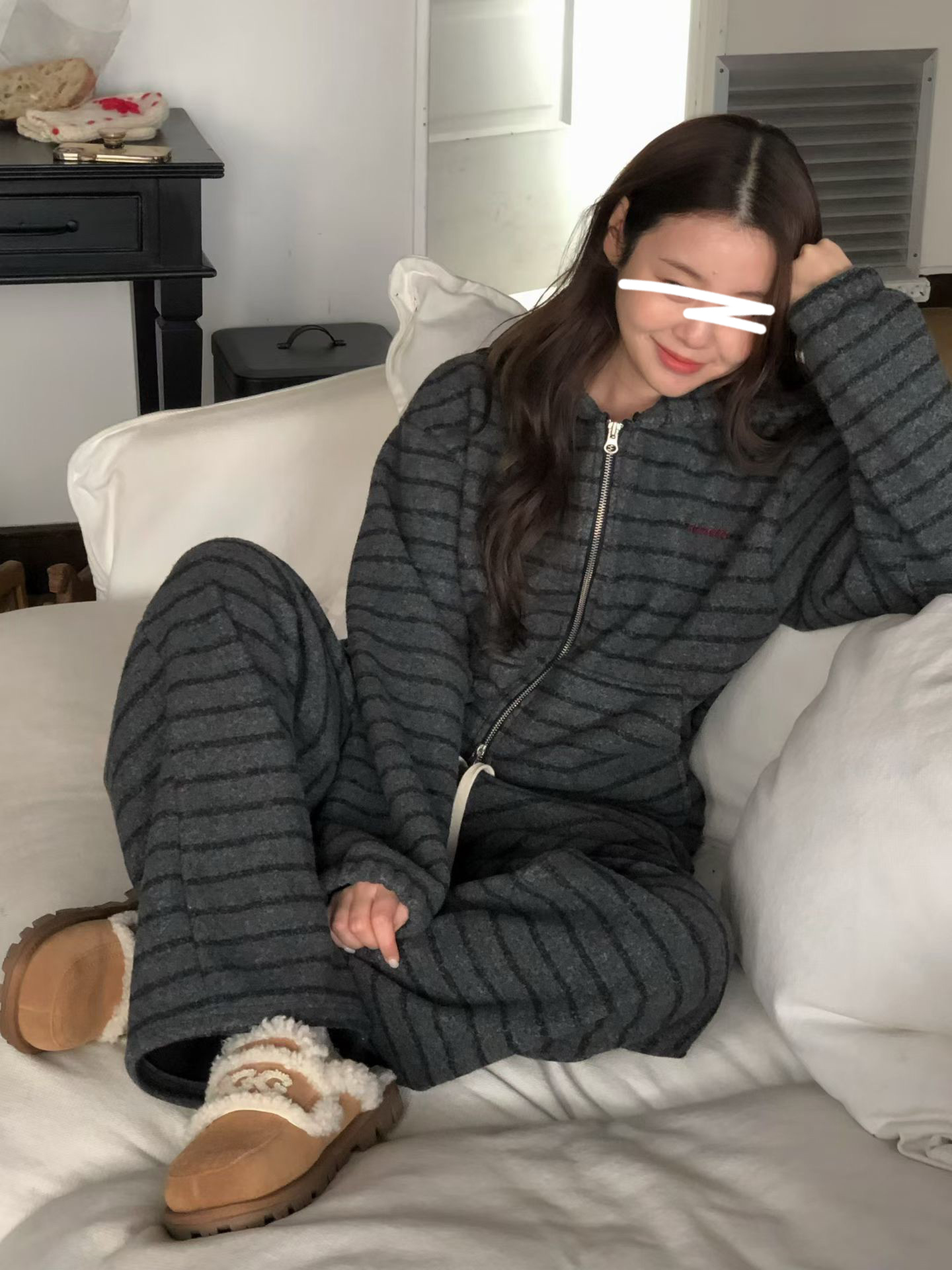 A20.抽繩綁帶條紋內刷毛休閒長褲