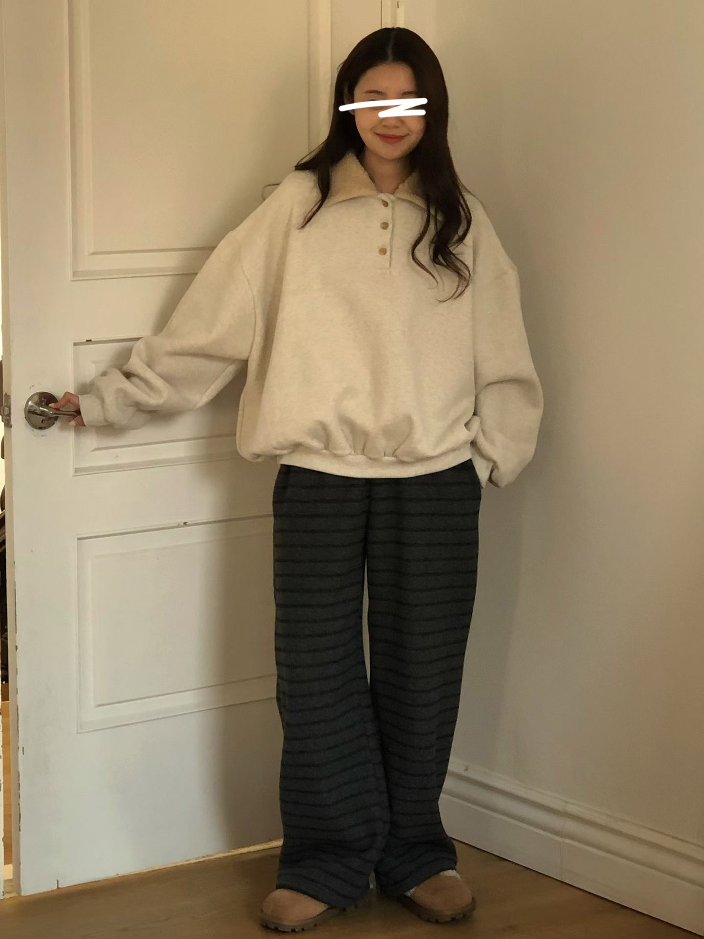 A20.抽繩綁帶條紋內刷毛休閒長褲