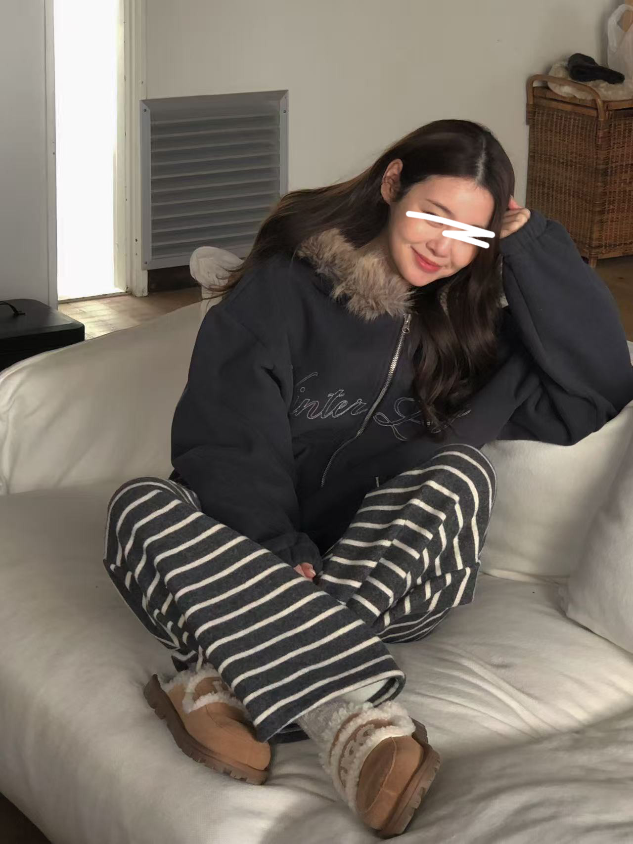 A20.抽繩綁帶條紋內刷毛休閒長褲