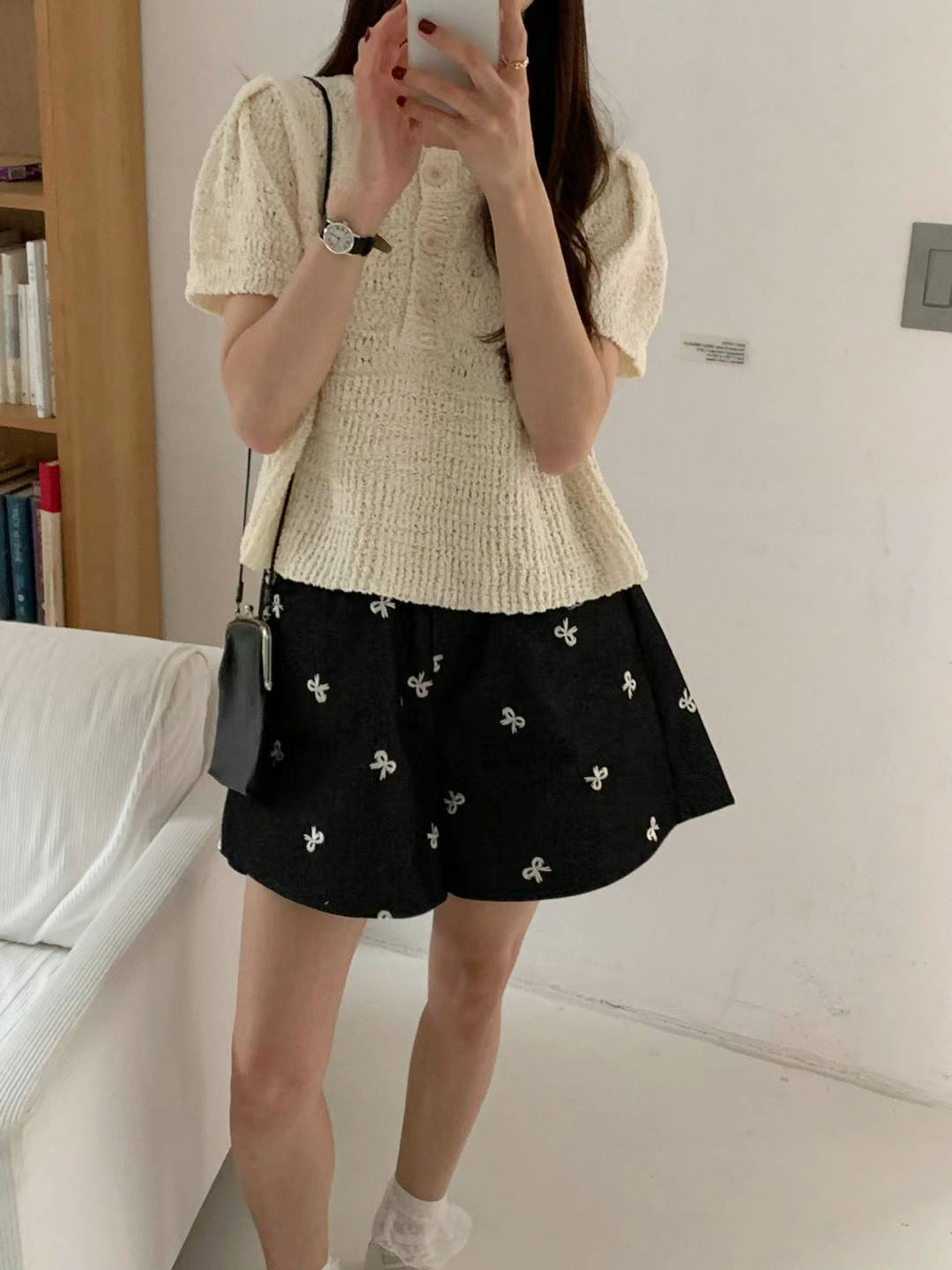 韓國蝴蝶結刺繡牛仔褲裙