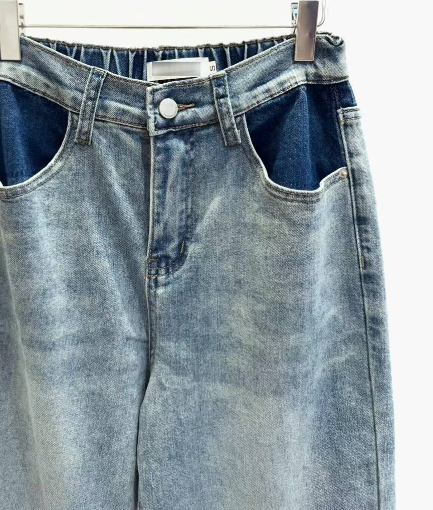 A01.可可家拼色剪接男友牛仔褲