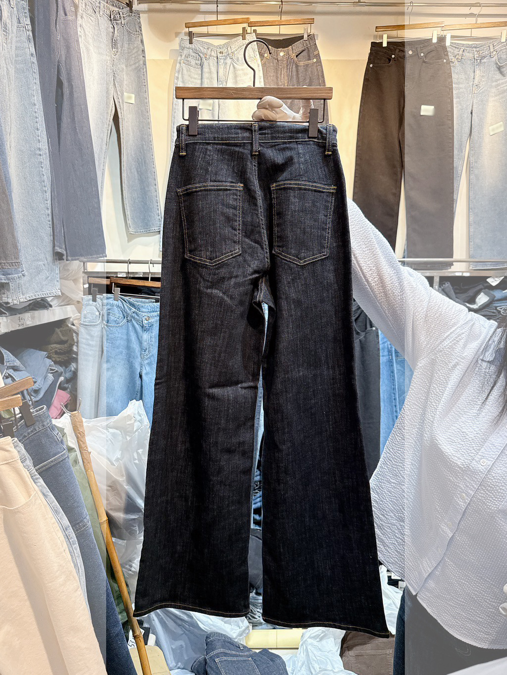 綠繡線復古柔軟彈性喇叭褲