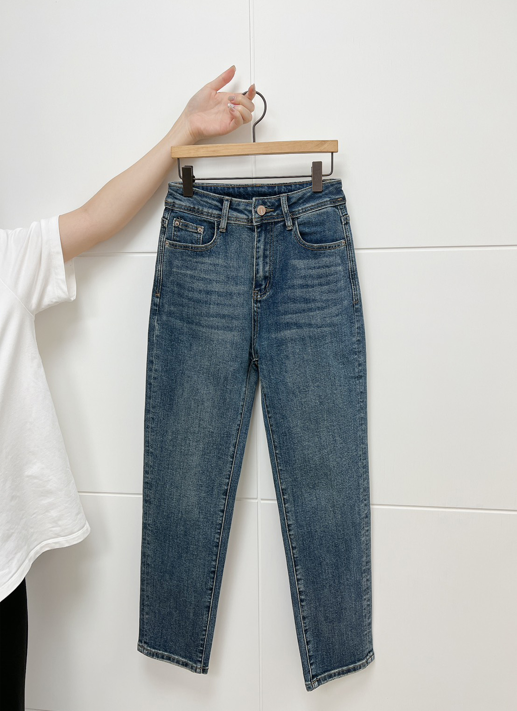 A05.嬌小女孩深藍必備高腰彈性直筒九分牛仔褲