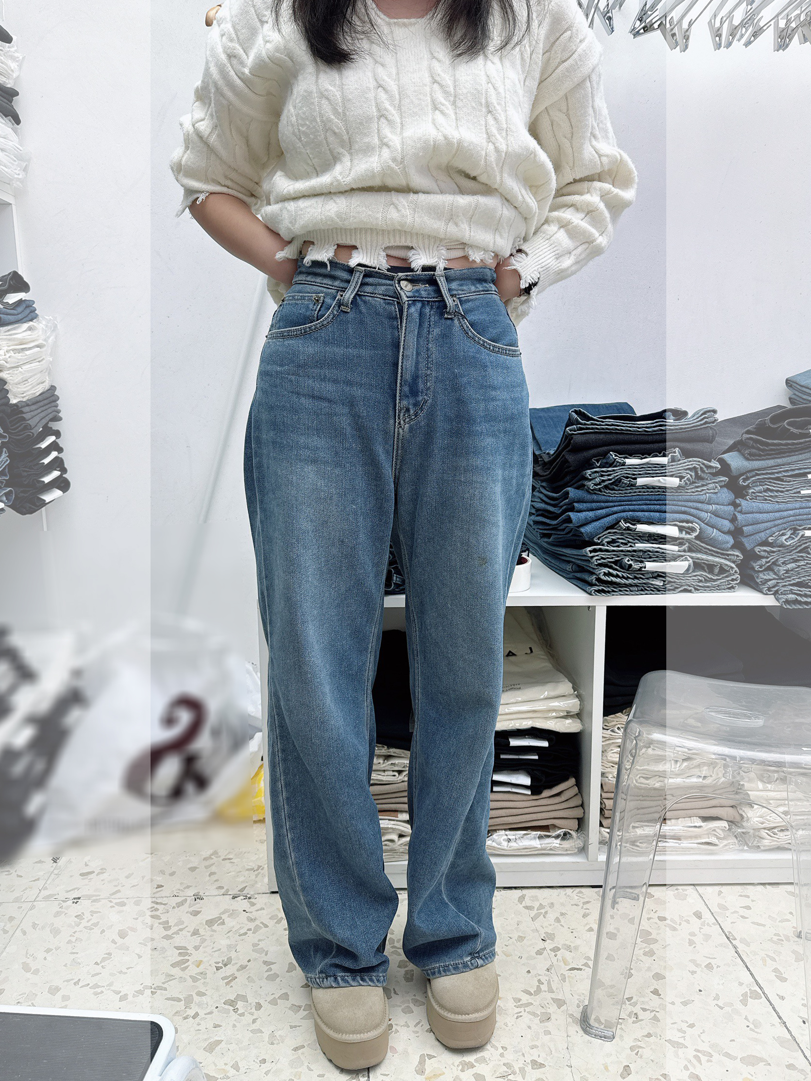 B68.時尚保暖剪接前移內刷毛牛仔褲