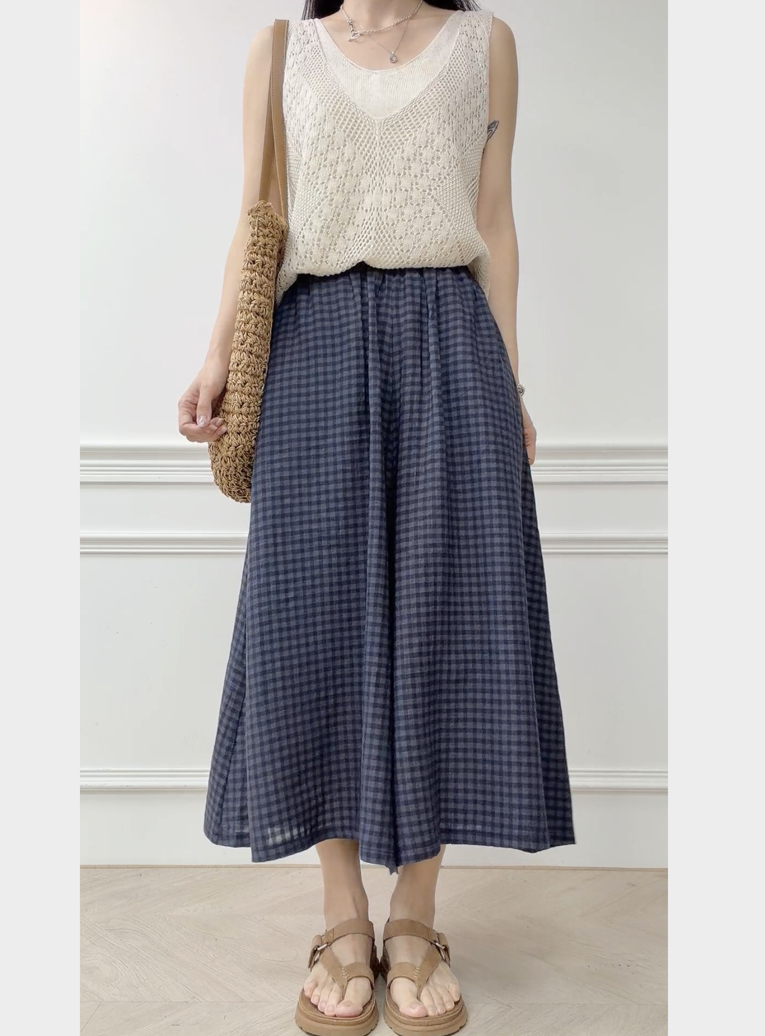 日系亞麻小格子褲裙