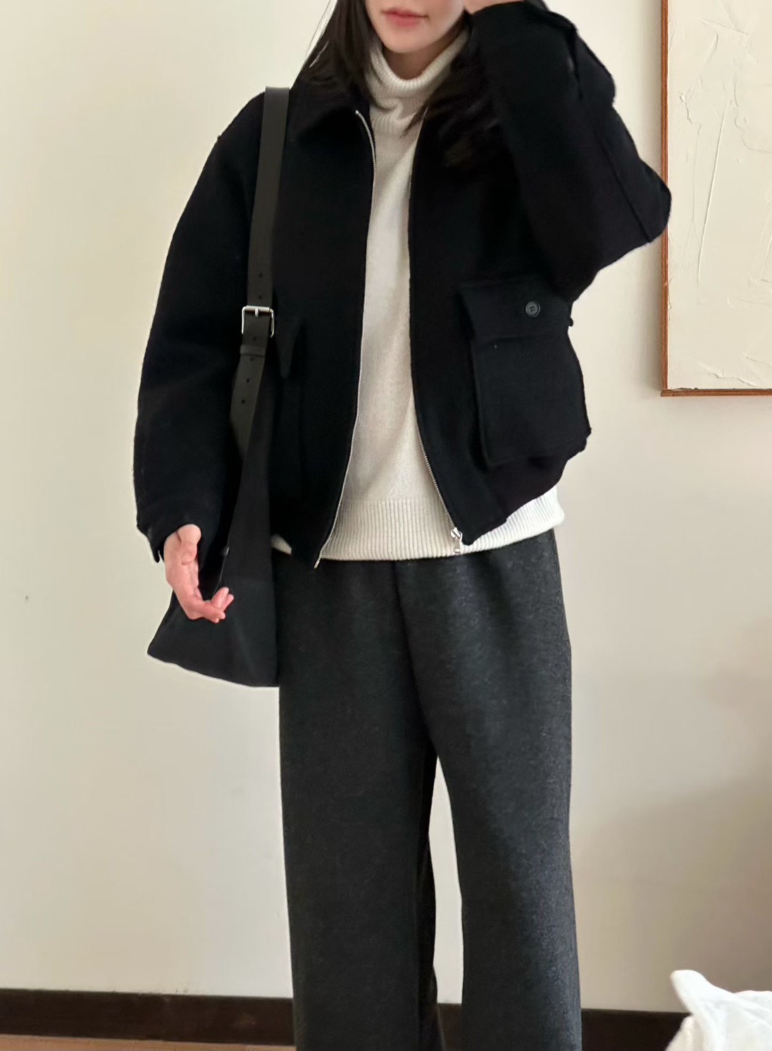 A40.慵懶鬆緊腰落地羊毛長褲