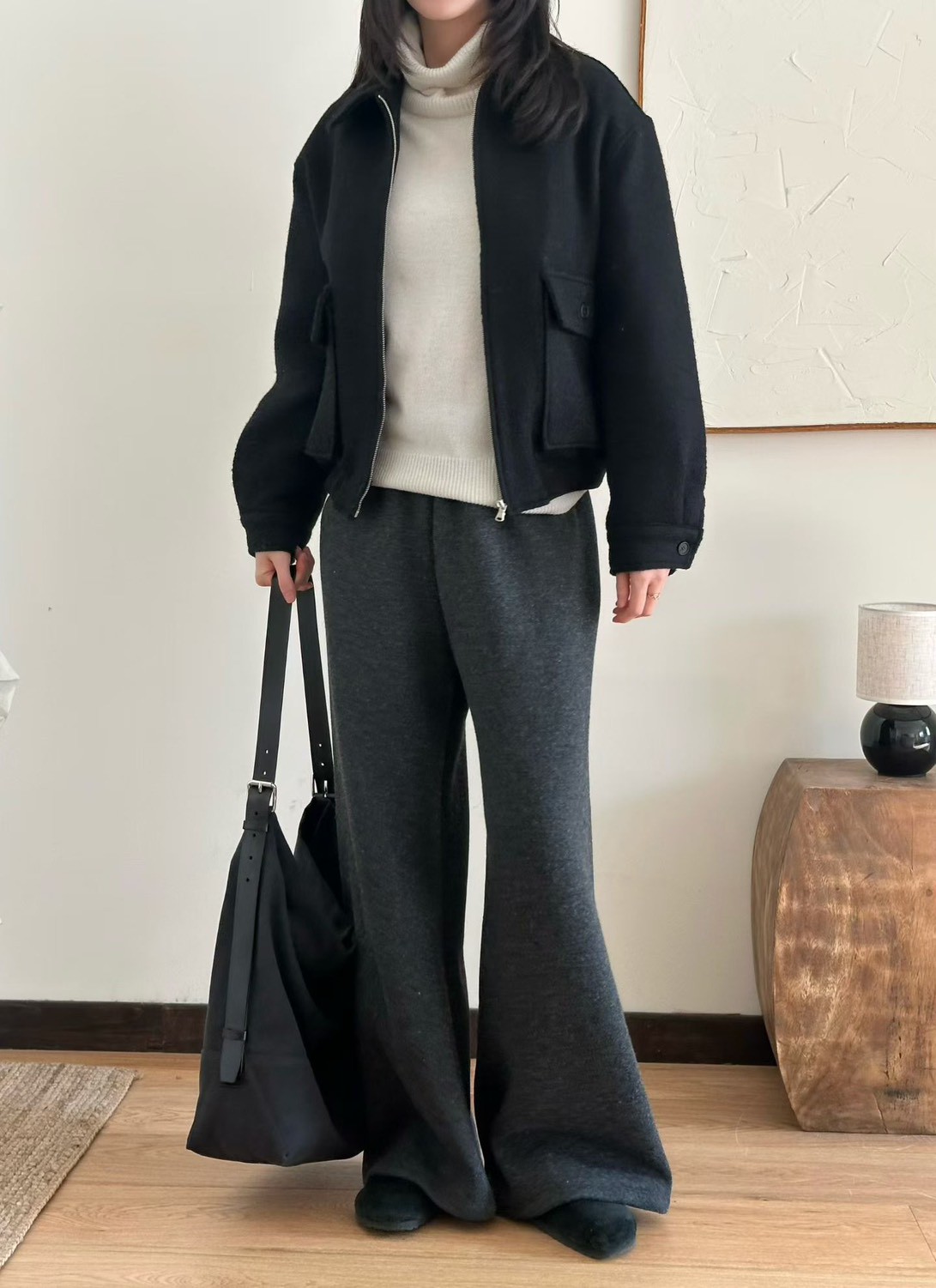 A40.慵懶鬆緊腰落地羊毛長褲