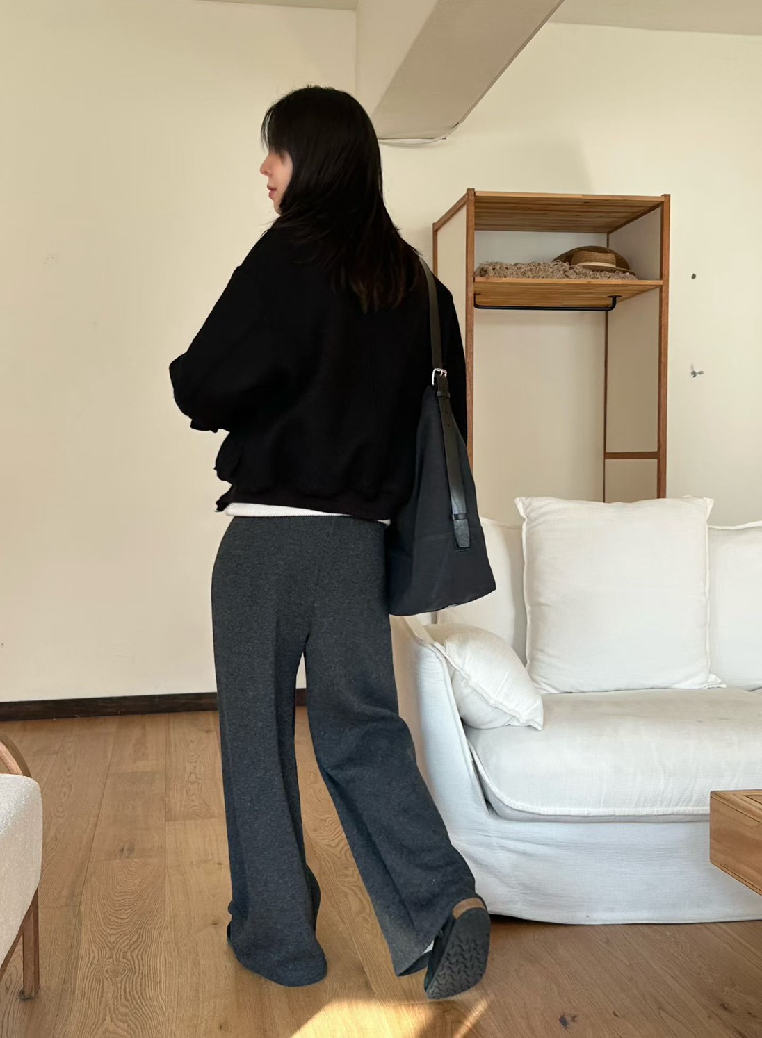 A40.慵懶鬆緊腰落地羊毛長褲